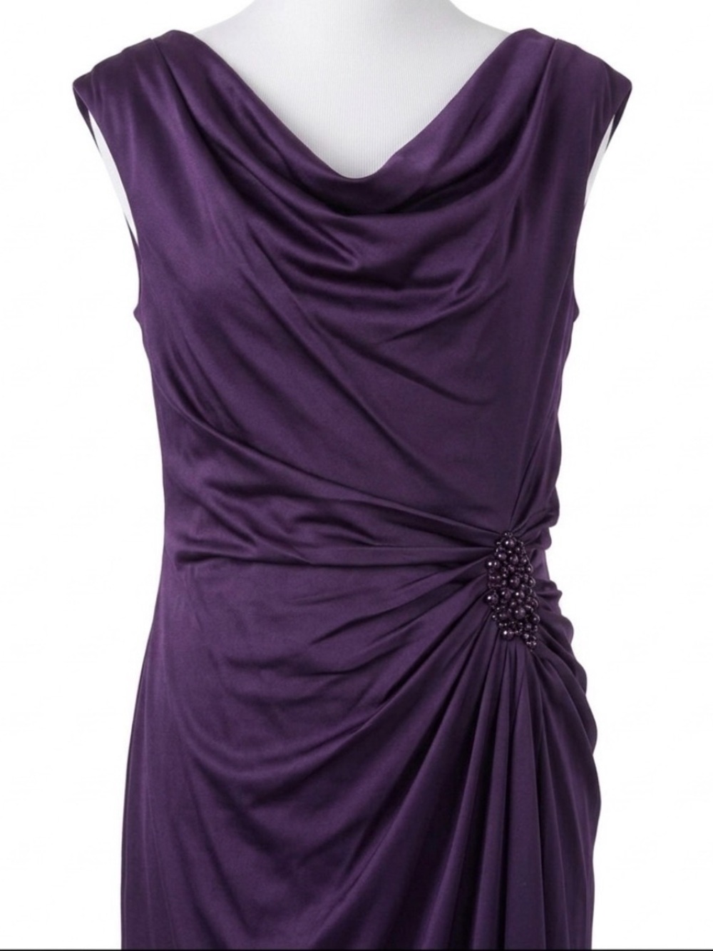 Patra Purple Satin Cowl Neck Beaded Ruched Evening Gown Size 14 - Picture 2 of 9
